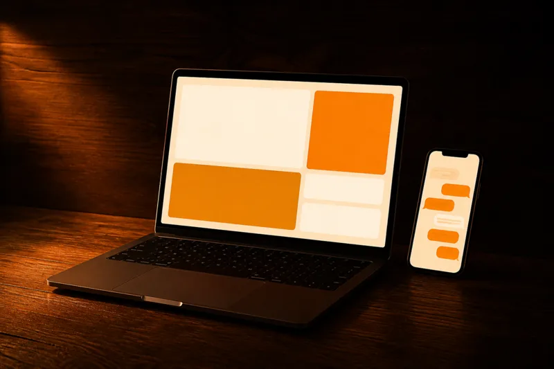 Un portátil con la maqueta de una página web y, al lado, un teléfono con una conversación en curso